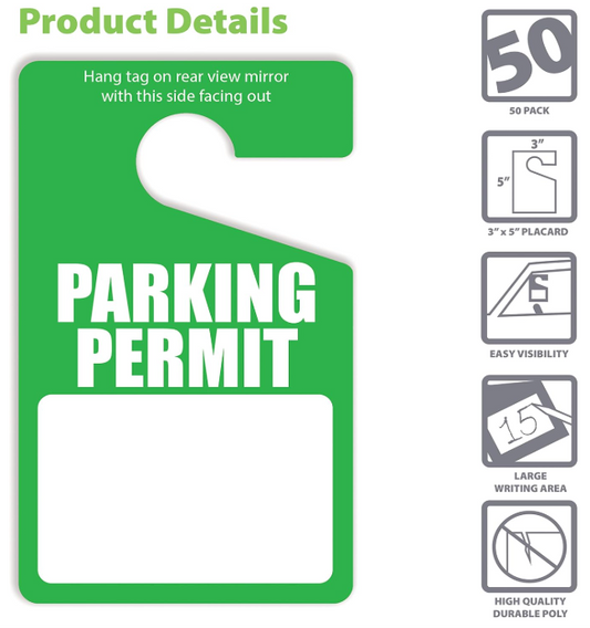Green Parking Permit Hang Tags, 3×5 in — 50 Pack