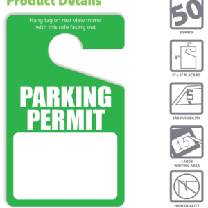 Better Office Products Green Parking Permit Hang Tags, 50 Pack, Poly Plastic Placards, Temporary Parking Passes, Bulk Pack, 3" x 5" Placards for Rearview Mirror, Thick Gauge (0.2"/0.5 mm)